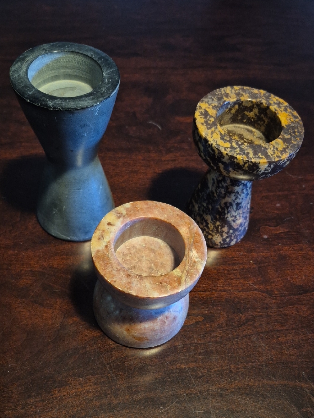 PartyLite Marble-Style Trio Candle Holders in Black, Brown, and Yellow Speckle